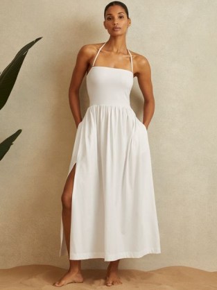 REISS YARA REMOVABLE STRAP BEACH DRESS in WHITE – strappy halterneck summer dresses – holiday beachwear