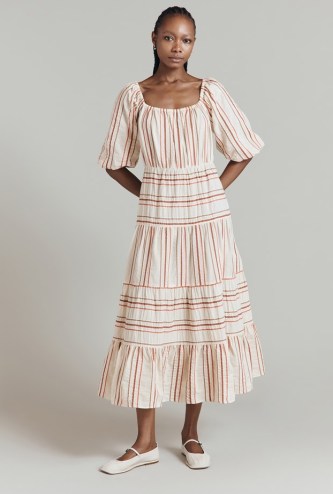 GHOST Rosalee Stripe Cotton Maxi Dress Beige – women’s tiered relaxed fit summer dresses