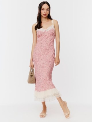 Reformation Audrina Dress in Rosin / pink floral lace trimmed slip dresses