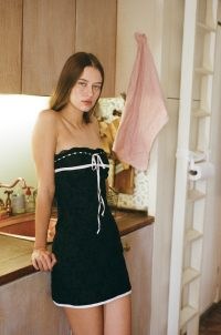 With Jéan Sabrin Dress Black / strapless LBD / floral lace overlay mini dresses