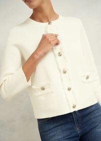 HOBBS SAIREY COTTON WOOL KNITTED JACKET COLOUR: WARM IVORY ~ chic collarless frayed edge jackets