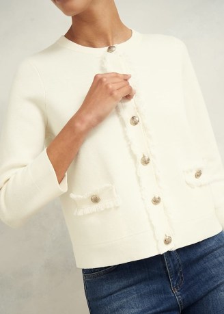 HOBBS SAIREY COTTON WOOL KNITTED JACKET COLOUR: WARM IVORY ~ chic collarless frayed edge jackets