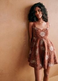 Sezane SALIE DRESS in Terracotta ~ sleeveless orange-brown fit and flare summer dresses ~ women’s floral embroidered holiday fashion