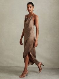 REISS LILAH SATIN COWL NECK MAXI DRESS MINK ~ light brown silky drape neck slip dresses