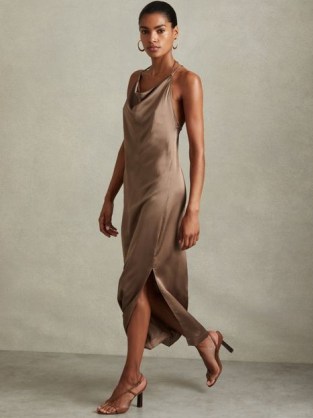 REISS LILAH SATIN COWL NECK MAXI DRESS MINK ~ light brown silky drape neck slip dresses