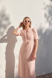 Beulah London SERENA PALE PINK DRESS ~ short sleeve bow embellished midi dresses ~ women’s luxury RWS wool crepe clothing