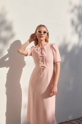 Beulah London SERENA PALE PINK DRESS ~ short sleeve bow embellished midi dresses ~ women’s luxury RWS wool crepe clothing