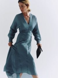 JIGSAW Silk Linen Gauze Maxi Dress Blue – long sleeve V-neck summer event dresses