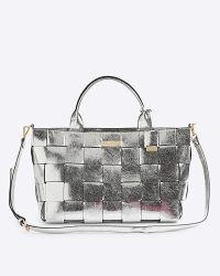River Island Silver Chunky Weave Tote Bag | metallic woven grab handle handbag