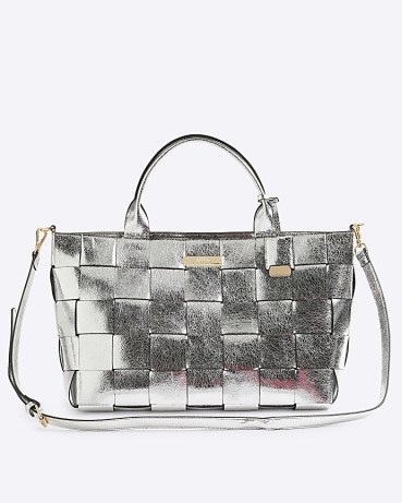 River Island Silver Chunky Weave Tote Bag | metallic woven grab handle handbag