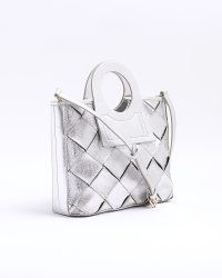 River Island Silver Leather Weave Circle Handle Tote Bag | woven top handle bags | luxe style metallic handbag