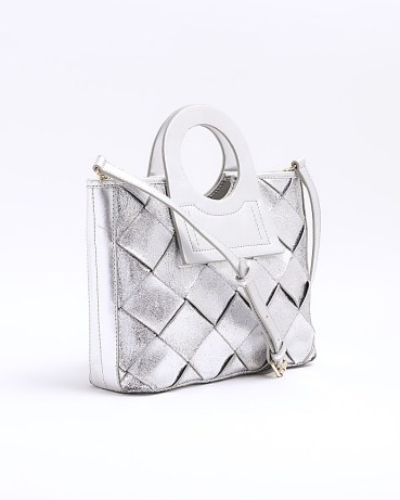 River Island Silver Leather Weave Circle Handle Tote Bag | woven top handle bags | luxe style metallic handbag