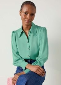 L.K. BENNETT Sonya Light Mint Satin Crepe Blouse – silky retro style blouses – women’s vintage look shirt