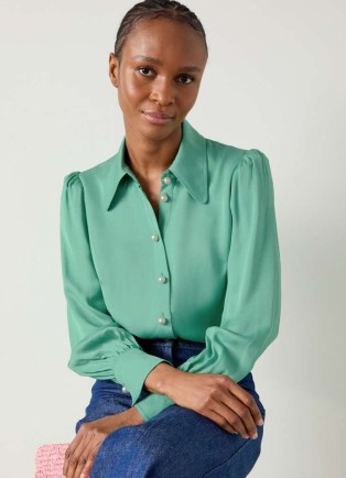 L.K. BENNETT Sonya Light Mint Satin Crepe Blouse – silky retro style blouses – women’s vintage look shirt