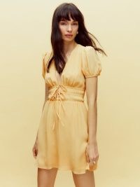 Reformation Grady Dress in Sunshine | yellow puff sleeve plunge front mini dresses