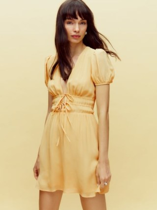 Reformation Grady Dress in Sunshine | yellow puff sleeve plunge front mini dresses