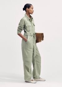 me and em Super Soft Utility Jumpsuit Silver Sage / women’s light green collared tie waist jumpsuits / utilitarian clothing / womens organic cotton fashion