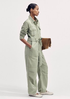 me and em Super Soft Utility Jumpsuit Silver Sage / women’s light green collared tie waist jumpsuits / utilitarian clothing / womens organic cotton fashion