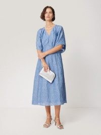 JIGSAW Textured Jacquard Dress Blue – wide sleeve summer occasion dresses