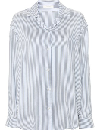 The Row Valene Shirt in white and Blue Stripe ~ women’s striped silk shirts ~ womens luxe clothing