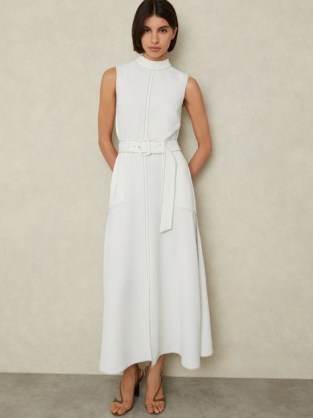 REISS ESSIE MESH UTILITY BELTED MIDI DRESS IVORY ~ chic off white sleeveless high neck dresses