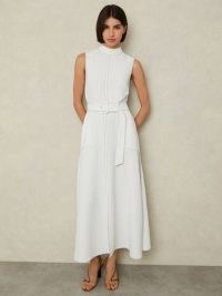 REISS THORA CONTRAST STITCH BELTED MIDI DRESS IVORY ~ chic off white sleeveless high neck fit and flare dresses