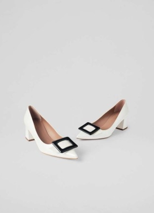 L.K. BENNETT Tia White And Black Covered Buckle Courts ~ shiny patent leather court shoes ~ chic summer pumps