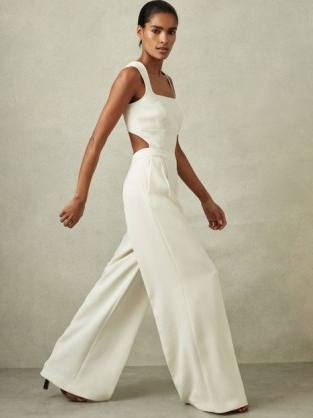 REISS DION TWILL OPEN-BACK WIDE LEG JUMPSUIT in IVORY – off white sleeveless cut out back jumpsuits