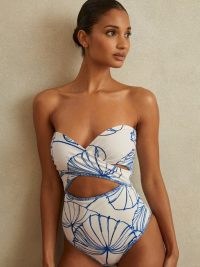 REISS VERONICA PRINTED WRAP FRONT SWIMSUIT in NATURAL – bandeau cut out swimsuits – strapless swimwear