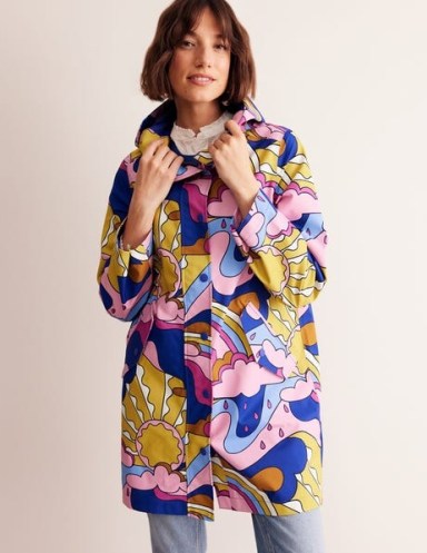 Boden Wells Waterproof Coat in Orchid Smoke, Sunshine | women’s coats with retro style prints