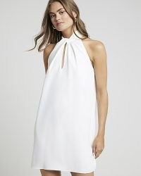 RIVER ISLAND White Twist Halter Neck Shift Mini Dress – chic going out evening dresses – halterneck party fashion