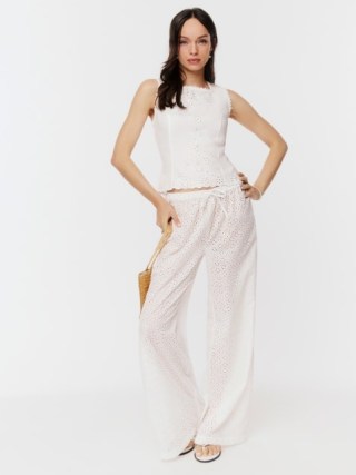 Reformation Olina Pant in White Eyelet / women’s floral semi sheer relaxed fit summer trousers