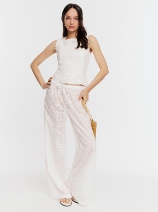 Reformation Olina Pant in White Eyelet / women’s floral semi sheer relaxed fit summer trousers