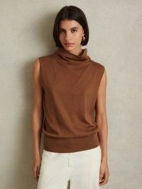 REISS HARPER WOOL SLOUCHED SLEEVELESS TOP TOFFEE ~ brown high slouchy funnel neck tops
