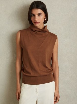 REISS HARPER WOOL SLOUCHED SLEEVELESS TOP TOFFEE ~ brown high slouchy funnel neck tops