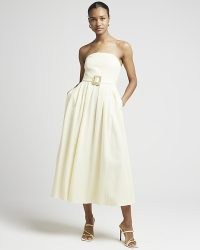 RIVER ISLAND Yellow Belted Bandeau Prom Midi Dress – strapless fit and flare party dresses