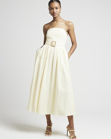 RIVER ISLAND Yellow Belted Bandeau Prom Midi Dress – strapless fit and flare party dresses