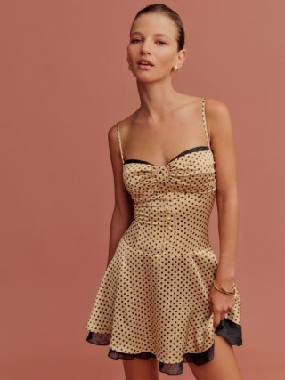 Reformation Ursula Silk Dress in Alder Dot / silky strappy spot print fit and flare dresses / luxe fashion