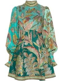 ALEMAIS Blue Franca Dress in Turquoise blue, green, yellow and pink ~ floral print long balloon sleeve high neck fit and flare dresses ~ women’s linen clothing