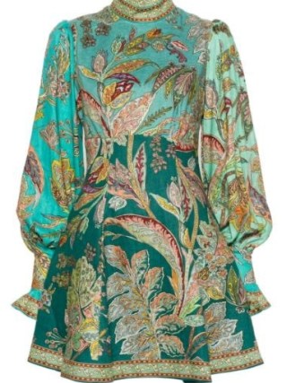 ALEMAIS Blue Franca Dress in Turquoise blue, green, yellow and pink ~ floral print long balloon sleeve high neck fit and flare dresses ~ women’s linen clothing