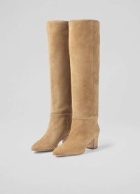 L.K. BENNETT Alessia Caramel Slouch Low Block Knee Boot ~ women’s luxury light brown suede boots