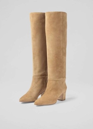 L.K. BENNETT Alessia Caramel Slouch Low Block Knee Boot ~ women’s luxury light brown suede boots