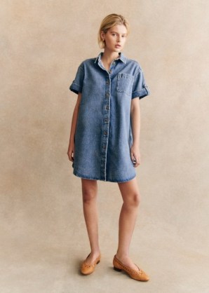 Sezane Ana Dress Light Blue | short sleeve curved hem oversized denim shirt dresses | womens organic cotton fashion