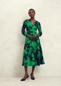 HOBBS Aurora Dress in Navy Green / flattering long sleeve floral print fit and flare dresses