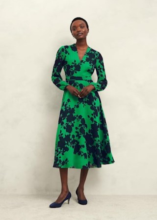 HOBBS Aurora Dress in Navy Green / flattering long sleeve floral print fit and flare dresses