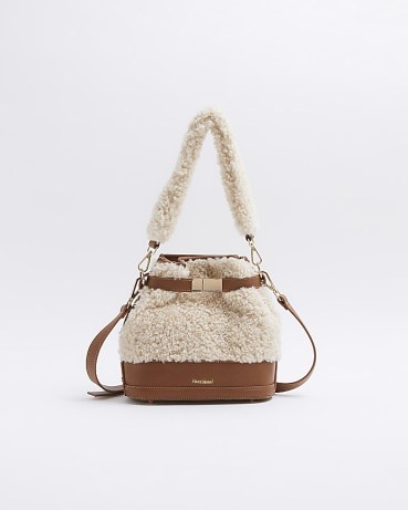 RIVER ISLAND Beige borg bucket cross body bag / faux shearling grab handle bags