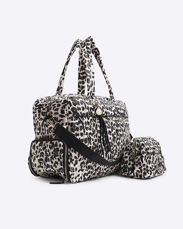 RIVER ISLAND Beige quilted leopard travel and makeup bag / animal print bags