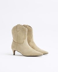 RIVER ISLAND Beige Suede Kitten Heeled Western Boots ~ womens luxe style cowboy boot