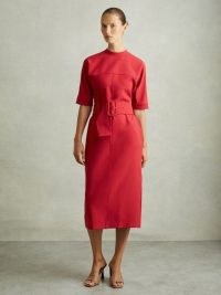 REISS Naya Belted Midi Dress in Red ~ minimalist short sleeve dresses ~ women’s smart corporate workwear