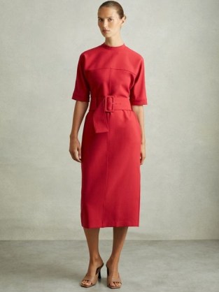 REISS Naya Belted Midi Dress in Red ~ minimalist short sleeve dresses ~ women’s smart corporate workwear